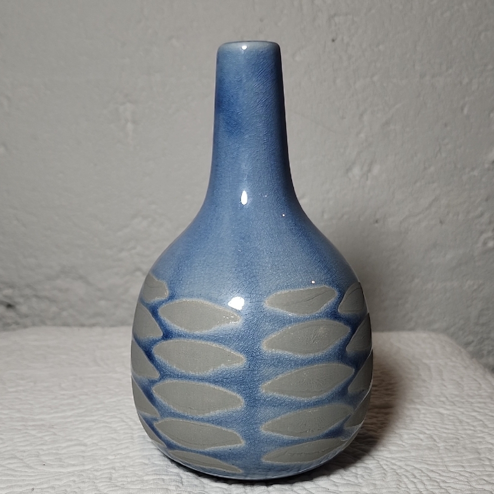 Art Pottery Light Blue & Gray Bud Vase 8"